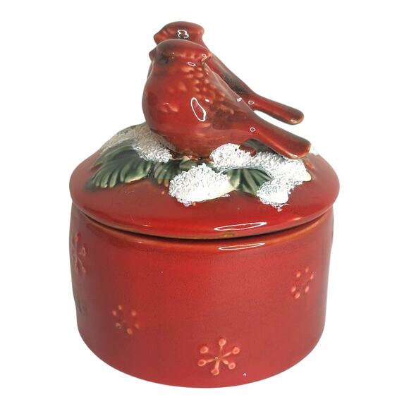 Red Cardinals Merry Christmas Ceramic Lidded Trinket Box Holiday Winter Canister - Picture 2 of 9